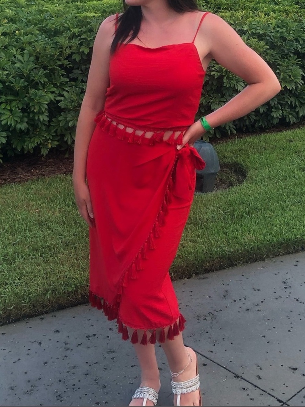 Sugar Lipz- ASOS Red Tassel Finge trim tie wrap skirt & top 2 piece SET